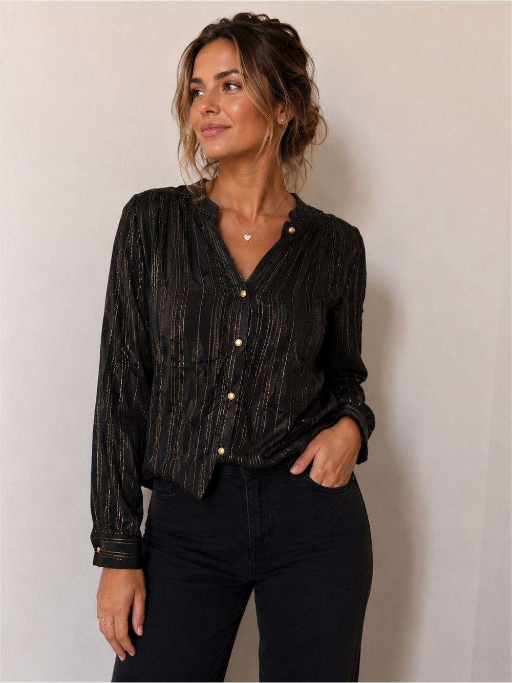 Black Button-Up Blouse with Metallic Gold Stripes